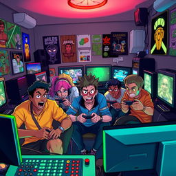 A vibrant and dynamic scene featuring a group of diverse characters engaged in an intense gaming session