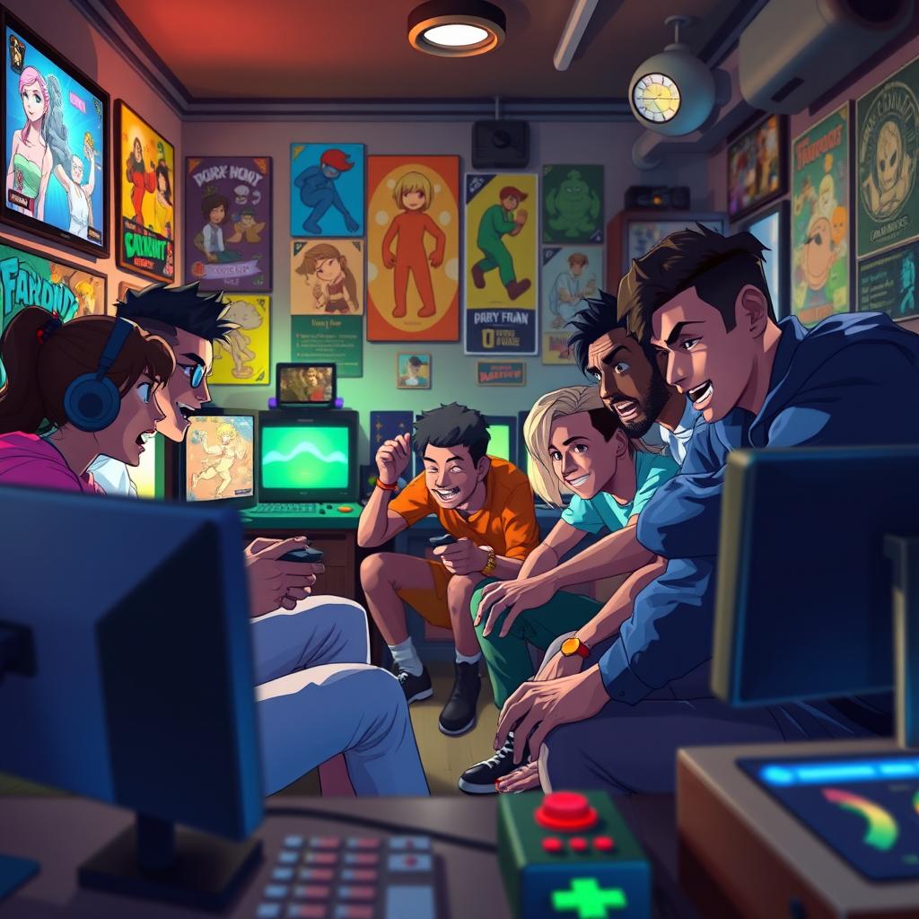 A vibrant and dynamic scene featuring a group of diverse characters engaged in an intense gaming session