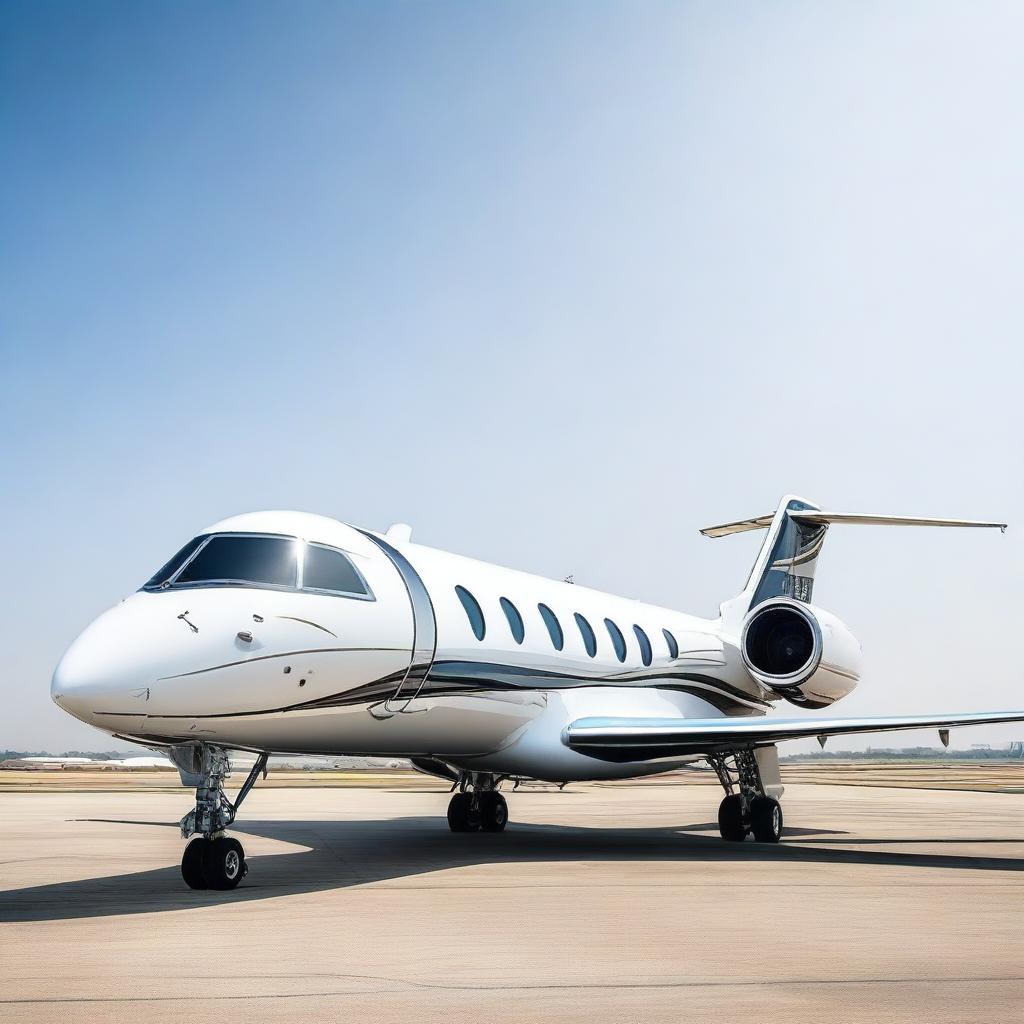 A luxurious private jet with the name 'THANUJ' engraved on the body