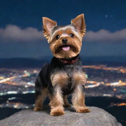 A cheerful Yorkie dog standing on a mountain peak, overlooking a brightly lit cityscape under a midnight sky.