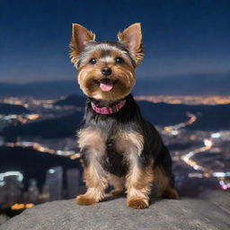 A cheerful Yorkie dog standing on a mountain peak, overlooking a brightly lit cityscape under a midnight sky.