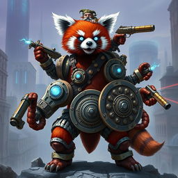 A robotic steampunk red panda warrior with four arms, adorned with intricate gears and mechanical armor, standing valiantly in a futuristic cityscape