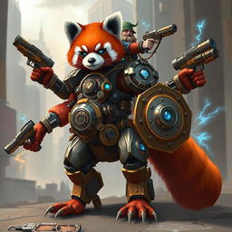 A robotic steampunk red panda warrior with four arms, adorned with intricate gears and mechanical armor, standing valiantly in a futuristic cityscape