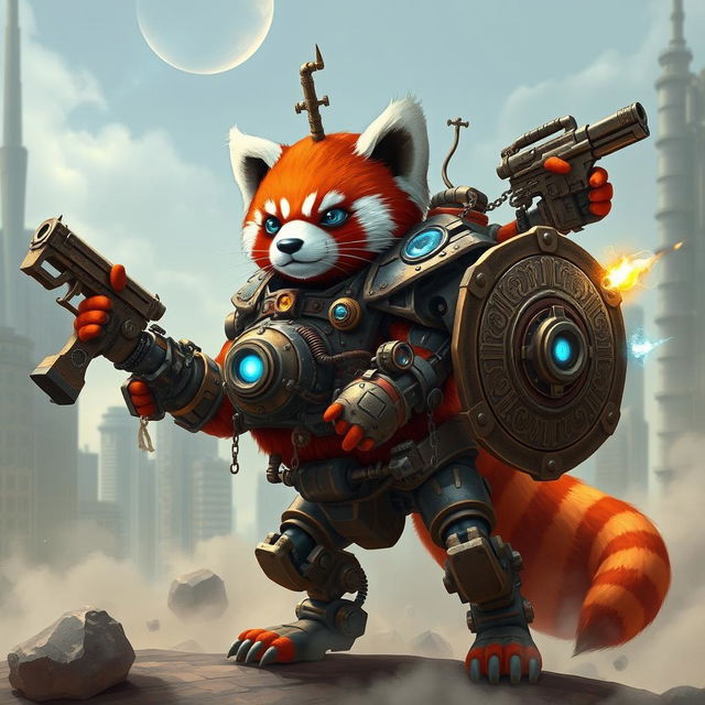 A robotic steampunk red panda warrior with four arms, adorned with intricate gears and mechanical armor, standing valiantly in a futuristic cityscape