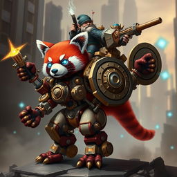 A robotic steampunk red panda warrior with four arms, adorned with intricate gears and mechanical armor, standing valiantly in a futuristic cityscape