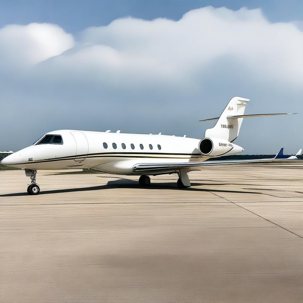 A luxurious private jet with the name 'THANUJ' engraved on its body