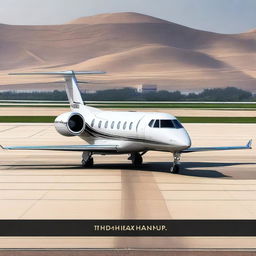 A luxurious private jet with the name 'THANUJ' engraved on its body