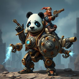 A robotic steampunk panda warrior with four arms, adorned with intricate gears and mechanical armor, standing valiantly in a futuristic cityscape