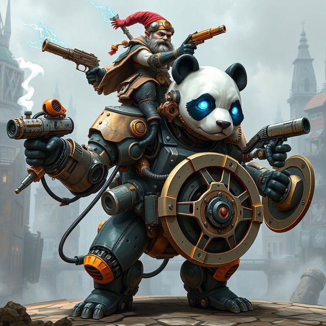 A robotic steampunk panda warrior with four arms, adorned with intricate gears and mechanical armor, standing valiantly in a futuristic cityscape