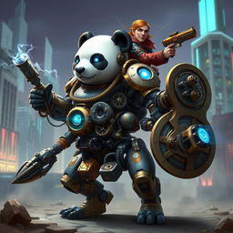 A robotic steampunk panda warrior with four arms, adorned with intricate gears and mechanical armor, standing valiantly in a futuristic cityscape