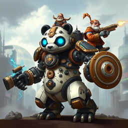 A robotic steampunk panda warrior with four arms, adorned with intricate gears and mechanical armor, standing valiantly in a futuristic cityscape