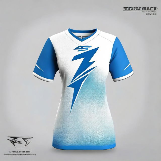 A volleyball jersey design featuring a natural blue color scheme with a lightning motif