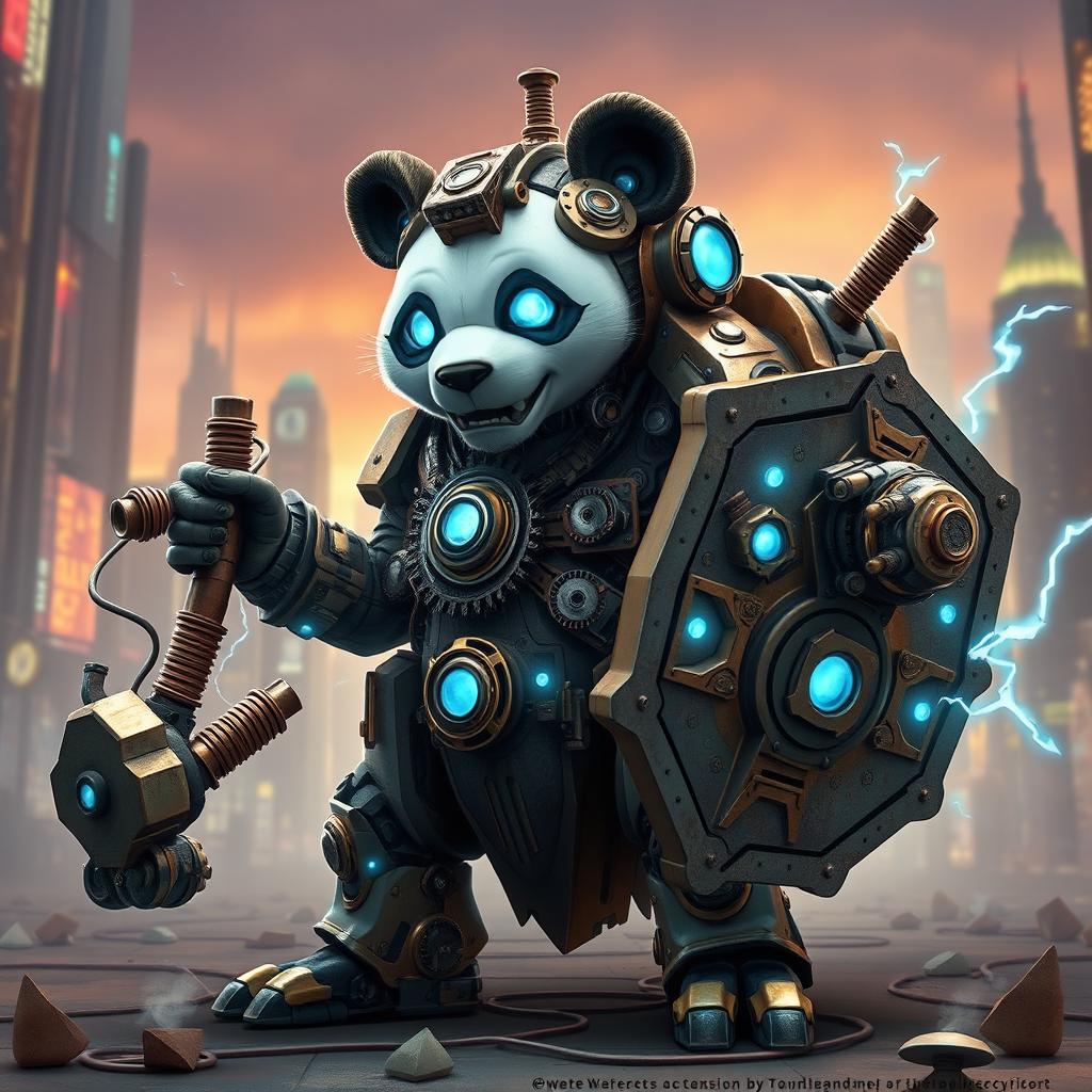 A robotic steampunk panda warrior, adorned with intricate gears and mechanical armor, standing valiantly in a futuristic cityscape