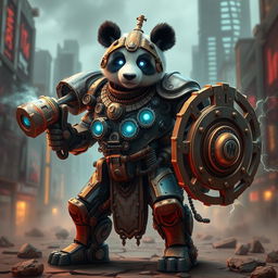 A robotic steampunk panda warrior, adorned with intricate gears and mechanical armor, standing valiantly in a futuristic cityscape