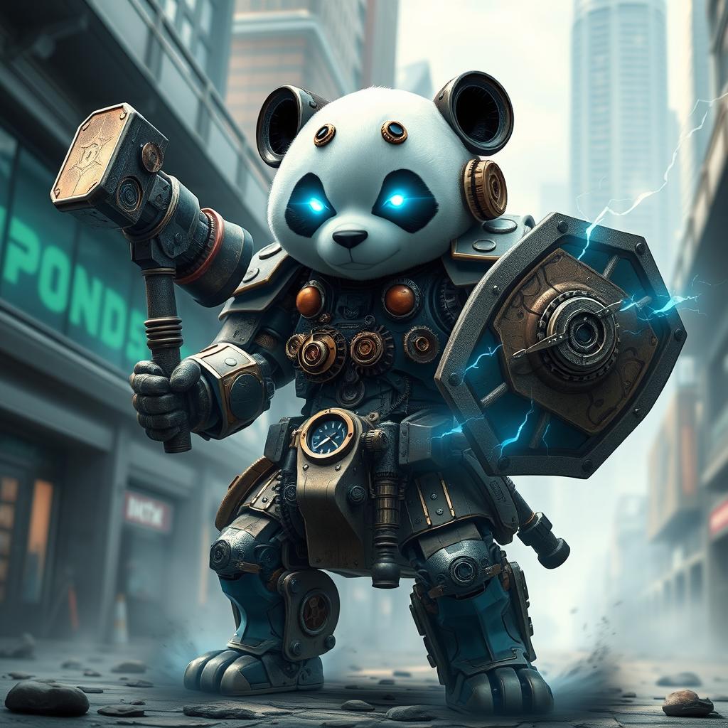 A robotic steampunk panda warrior, adorned with intricate gears and mechanical armor, standing valiantly in a futuristic cityscape