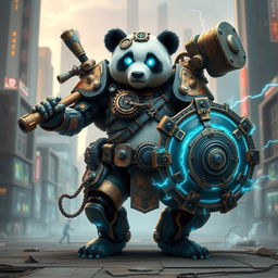 A robotic steampunk panda warrior, adorned with intricate gears and mechanical armor, standing valiantly in a futuristic cityscape