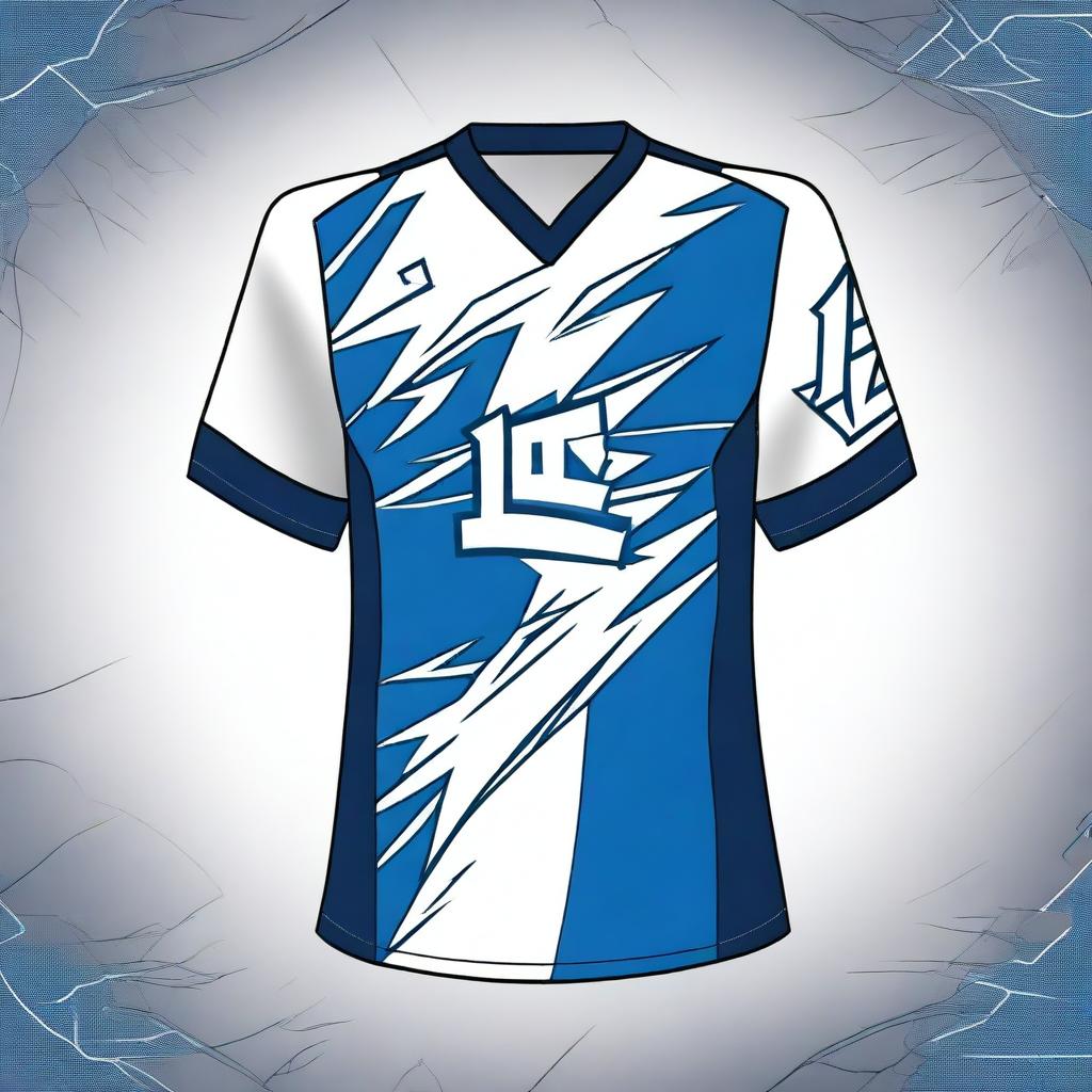 A volleyball jersey design featuring a blue color scheme with a lightning motif