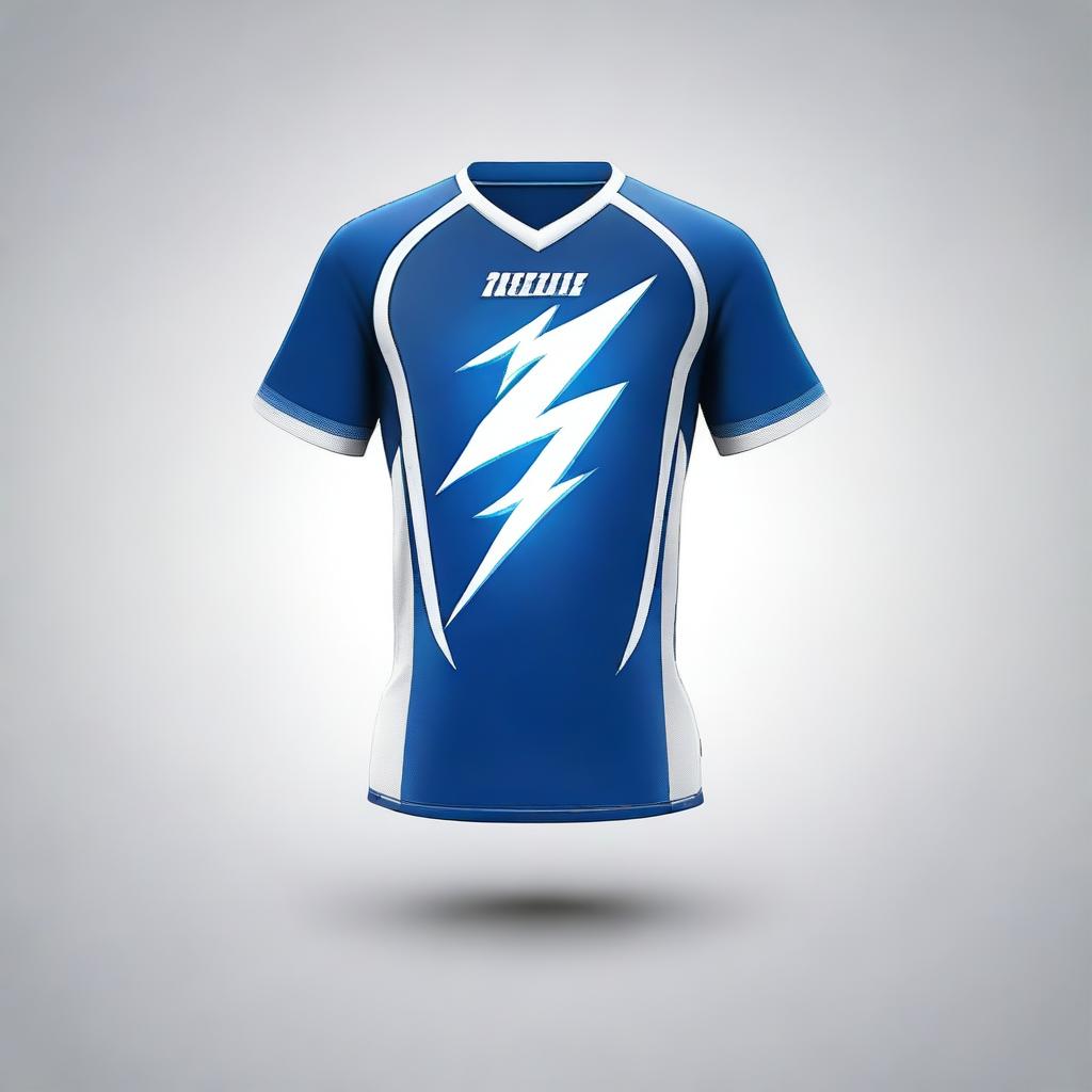 A volleyball jersey design featuring a blue color scheme with a lightning motif