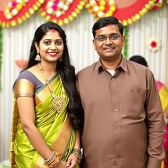 An Indian woman dressed in a traditional saree, standing next to her brother