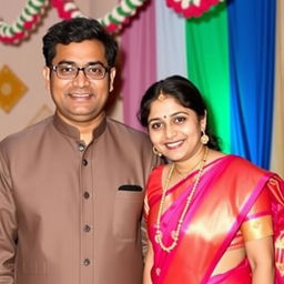 An Indian woman dressed in a traditional saree, standing next to her brother