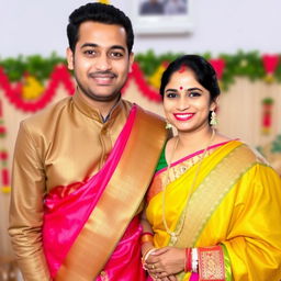 An Indian woman dressed in a traditional saree, standing next to her brother