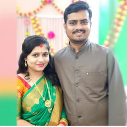 An Indian woman dressed in a traditional saree, standing next to her brother