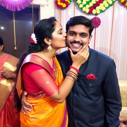 An Indian woman in traditional attire is giving a gentle kiss on the cheek to her brother