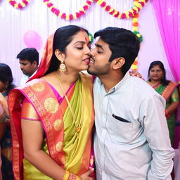 An Indian woman in traditional attire is giving a gentle kiss on the cheek to her brother