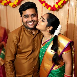 An Indian woman in traditional attire is giving a gentle kiss on the cheek to her brother