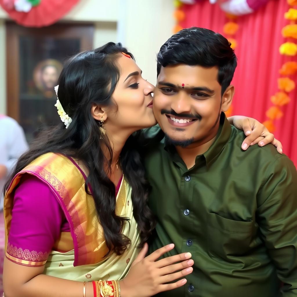 An Indian woman in traditional attire is giving a gentle kiss on the cheek to her brother