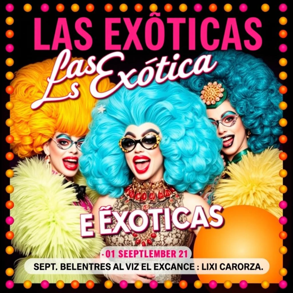 Create a poster for a show called 'Las Exóticas' which is a drag queen performance starting on September 21 at Teatro Bar El Vicio