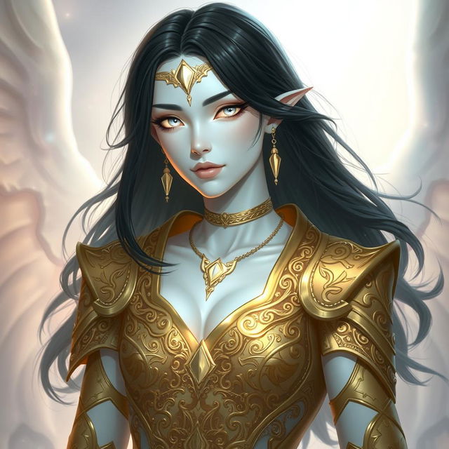 A pale white aasimar with medium length black hair and glowing white eyes, dressed in intricate gold clothing