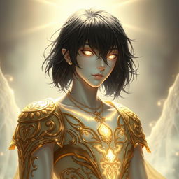 A pale white aasimar with medium length black hair and glowing white eyes, dressed in intricate gold clothing