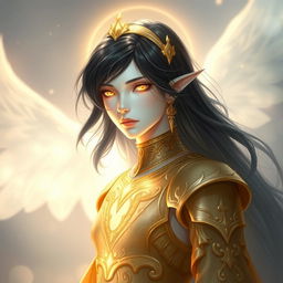 A pale white aasimar with medium length black hair and glowing white eyes, dressed in intricate gold clothing