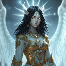 A pale white aasimar with medium length black hair and glowing white eyes, dressed in intricate gold clothing