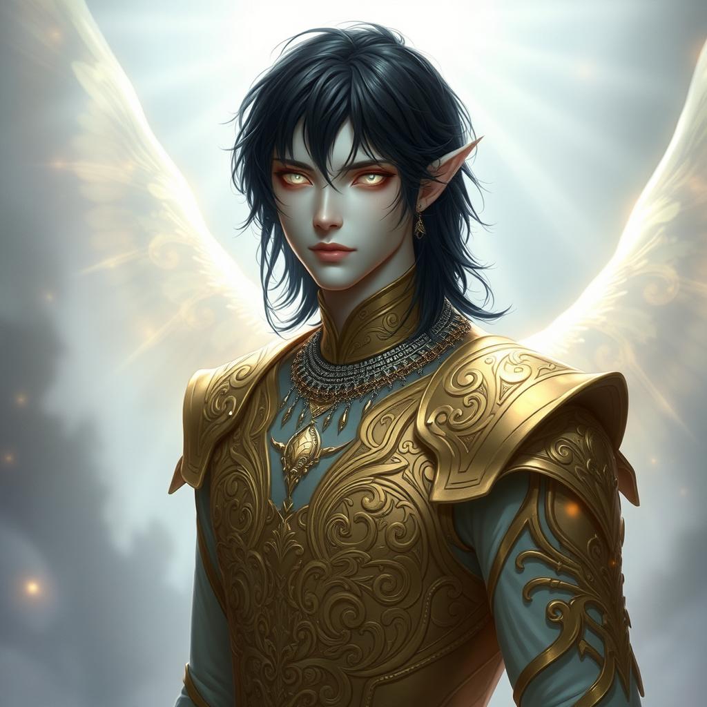 A male pale white aasimar with medium length black hair and glowing white eyes, dressed in intricate gold clothing