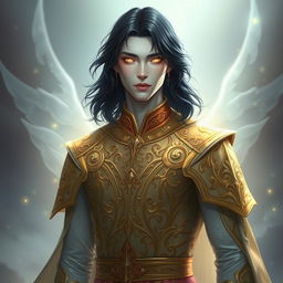 A male pale white aasimar with medium length black hair and glowing white eyes, dressed in intricate gold clothing