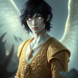 A male pale white aasimar with medium length black hair and glowing white eyes, dressed in intricate gold clothing