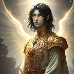 A male pale white aasimar with medium length black hair and glowing white eyes, dressed in intricate gold clothing