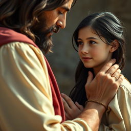 Create a cinematic and highly detailed image of Jesus Christ holding the hand of a teenage white girl with black hair and freckles