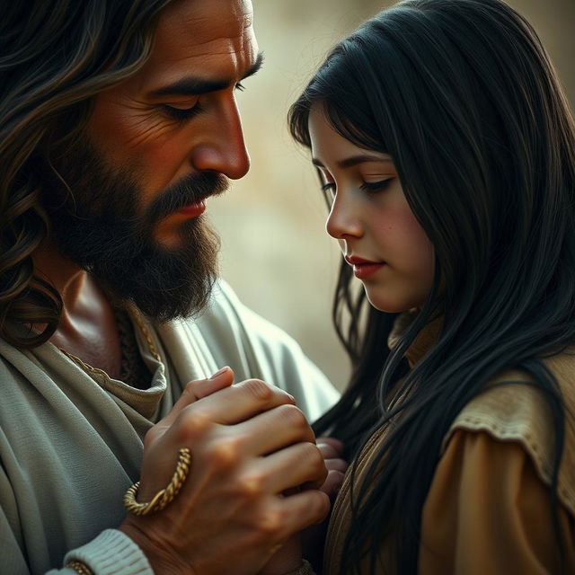 Create a cinematic and highly detailed image of Jesus Christ holding the hand of a teenage white girl with black hair and freckles