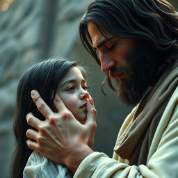 Create a cinematic and highly detailed image of Jesus Christ holding the hand of a teenage white girl with black hair and freckles