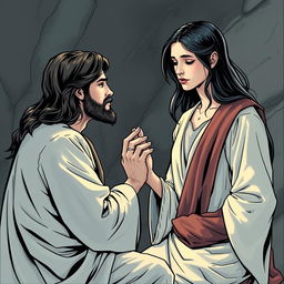 Create a comic-book style drawing of Jesus Christ holding the hand of a teenage white girl with black hair and freckles