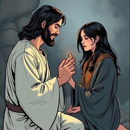 Create a comic-book style drawing of Jesus Christ holding the hand of a teenage white girl with black hair and freckles