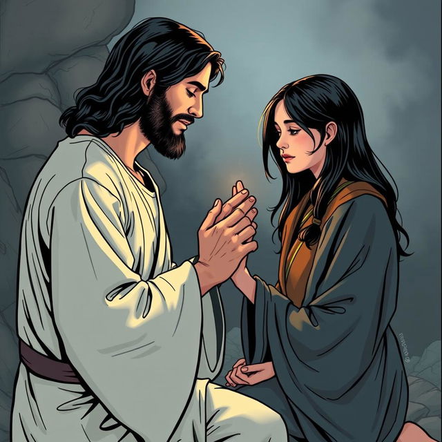 Create a comic-book style drawing of Jesus Christ holding the hand of a teenage white girl with black hair and freckles