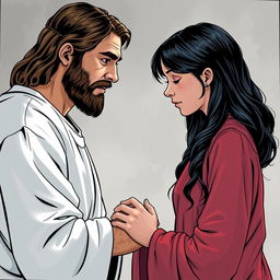 Create a comic-book style drawing of Jesus Christ holding the hand of a teenage white girl with black hair and freckles