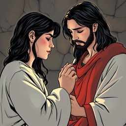 Create a comic-book style drawing of Jesus Christ holding the hand of a teenage white girl with black hair and freckles