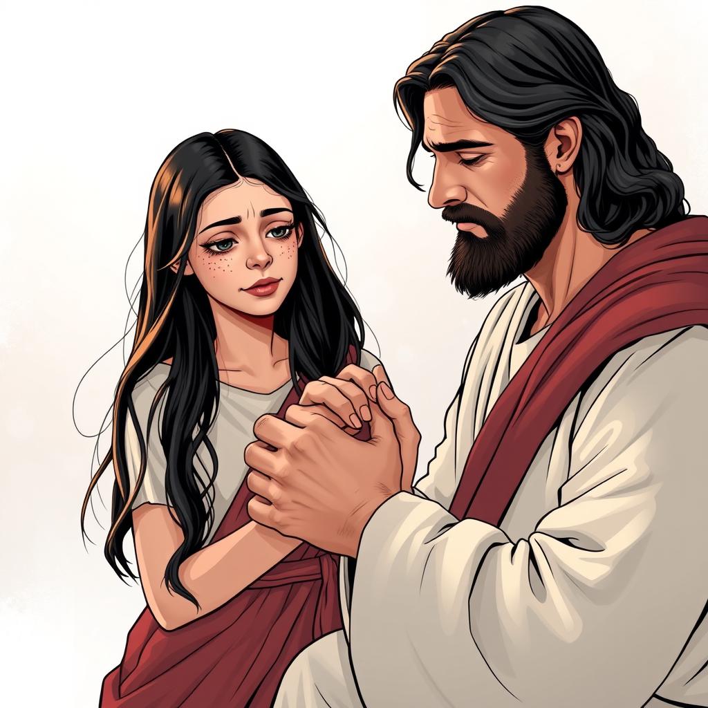 Create a comic-book style drawing of Jesus Christ holding the hand of a teenage white girl with black hair and freckles as she experiences an anxiety attack