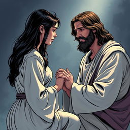 Create a comic-book style drawing of Jesus Christ holding the hand of a teenage white girl with black hair and freckles as she experiences an anxiety attack