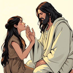 Create a comic-book style drawing of Jesus Christ holding the hand of a teenage white girl with black hair and freckles as she experiences an anxiety attack